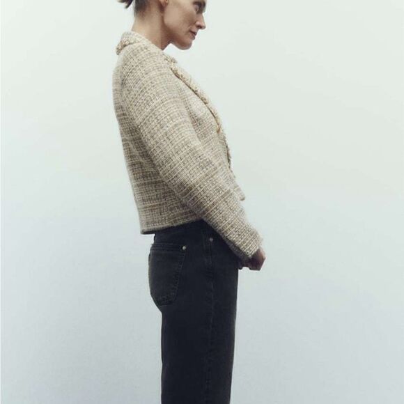 ZARA Double Breasted Tweed Weave Cropped Jacket - Picture 9 of 16
